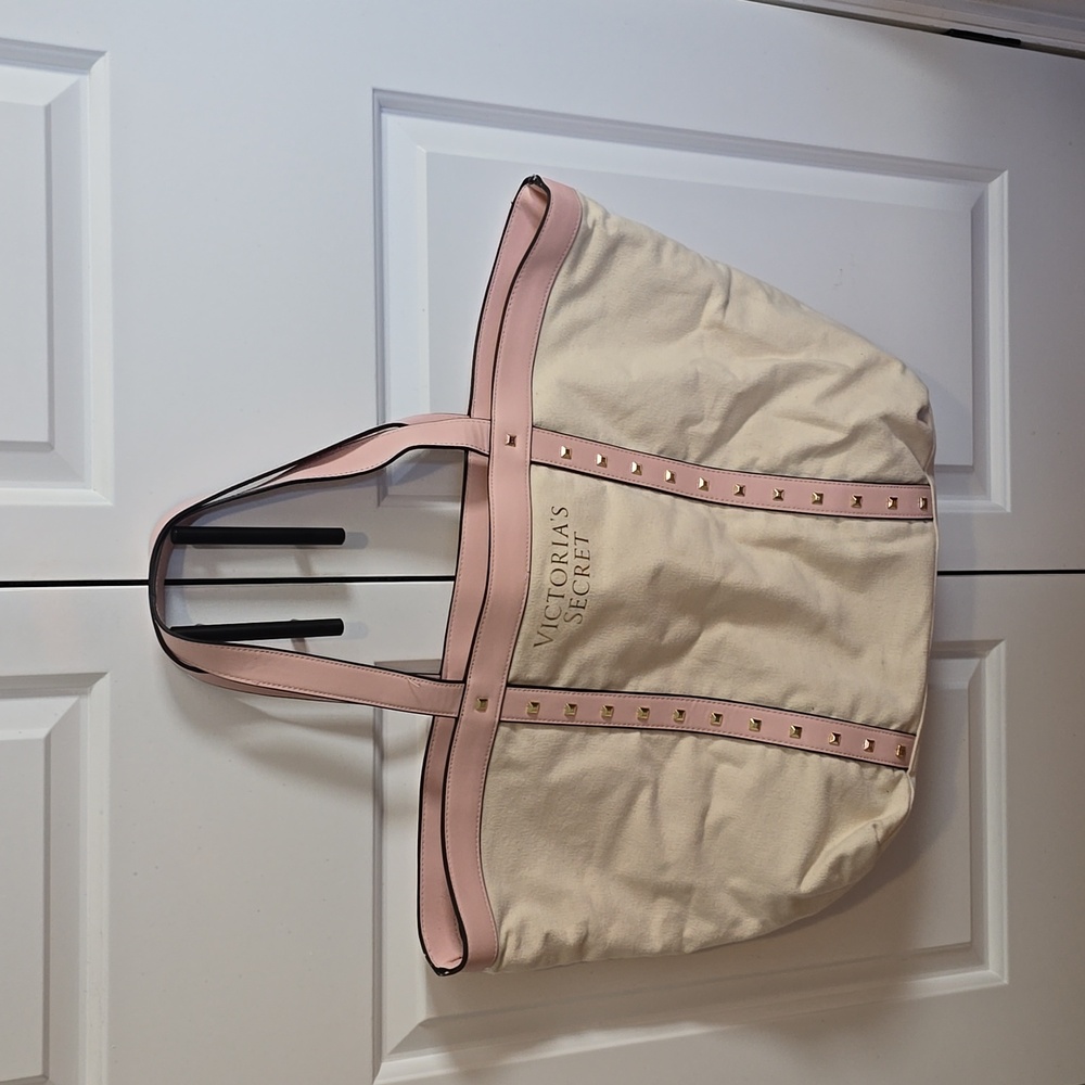 Victoria's Secret Tote Travel Pink Straps Gold Rivets Canvas Fabric Beige Color